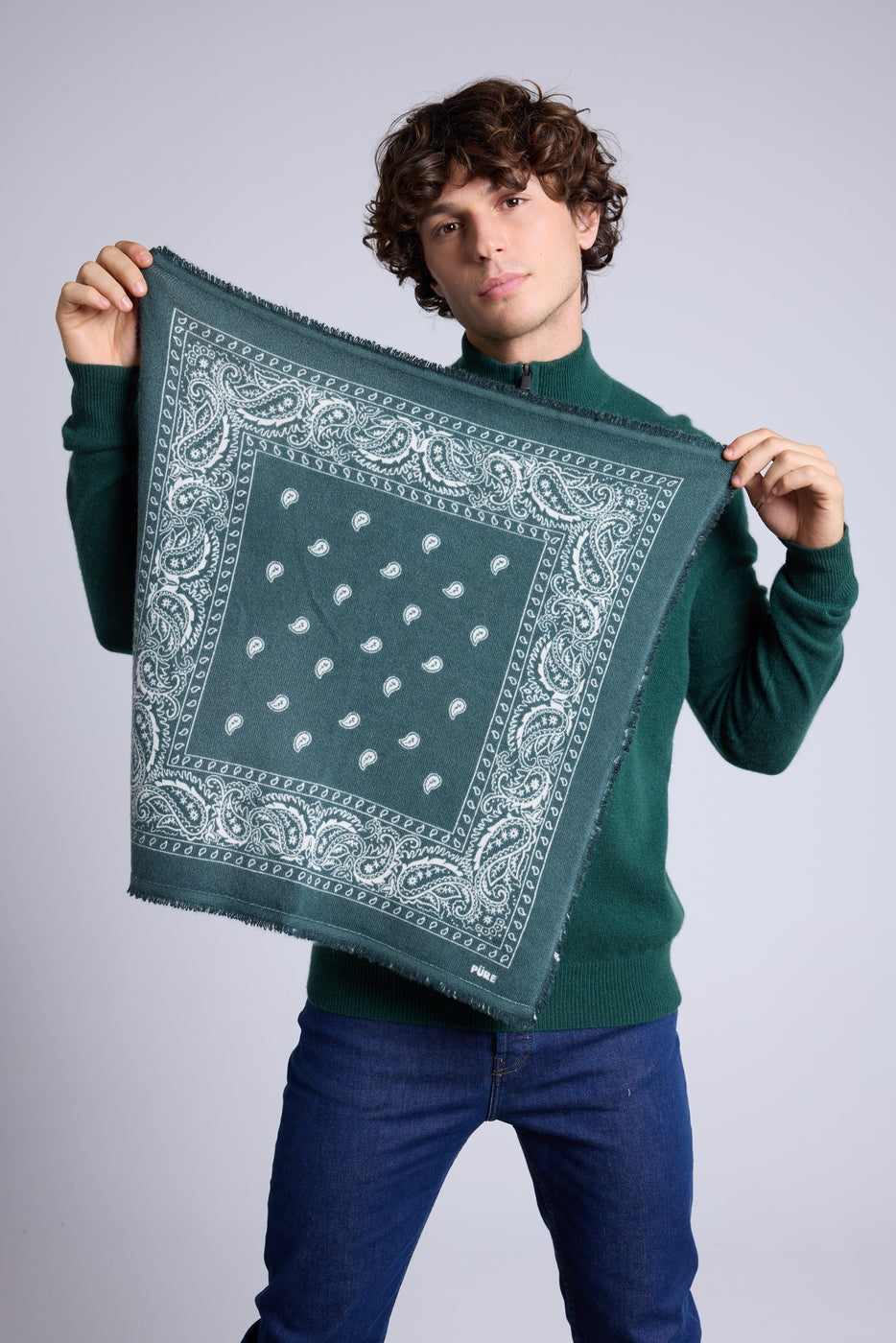Chusta Bandana Atlas Presley z Kaszmiru – Butelkowa Zieleń & Biała – Mixte – 100% Kaszmir