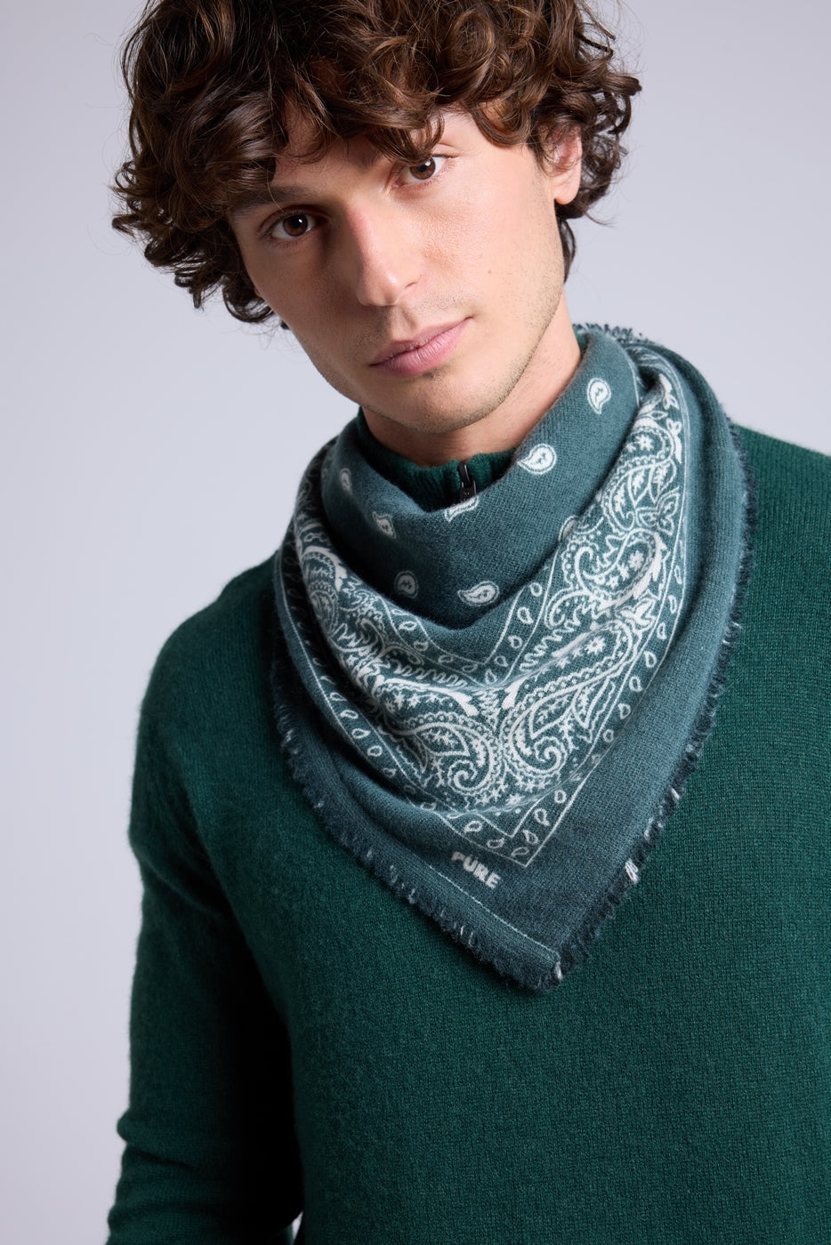 Atlas Presley Cashmere Bandana Scarf - Bottle Green & White - Mixed