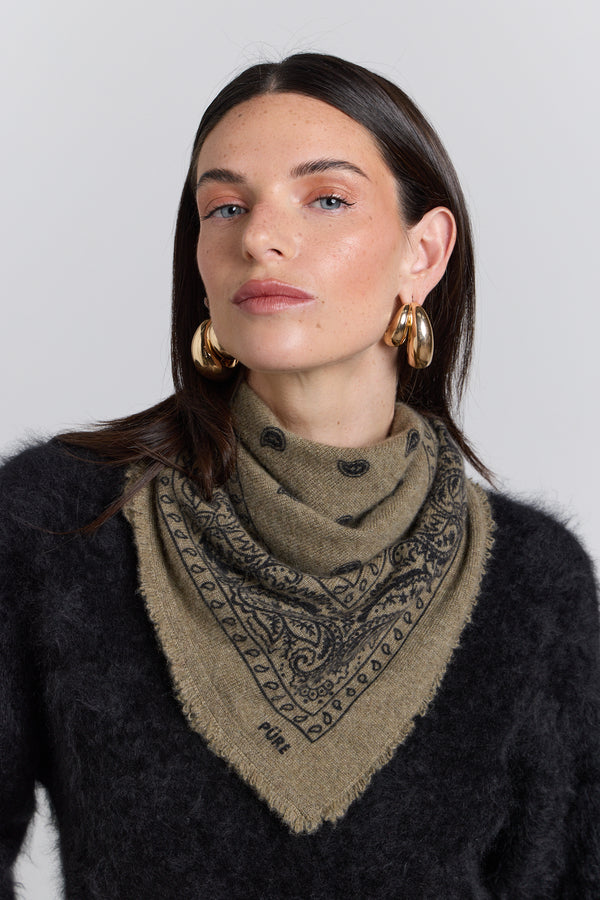 Echarpe Bandana Presley En Cachemire - Ledburry Khaki & Noir - Mixte - 100% Cachemire
