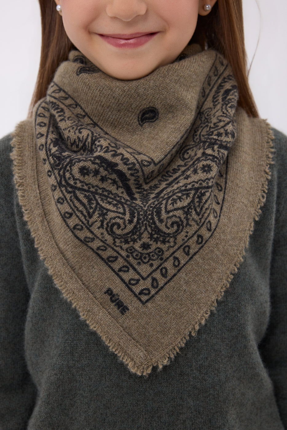 Petit Bandana Presley - Khaki Chine Prnt Noir - Enfant - 100% Cachemire