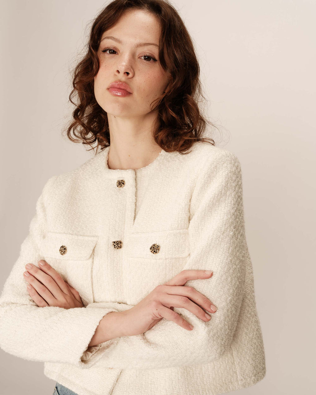 Short Collarless Jacket Ecru Prune