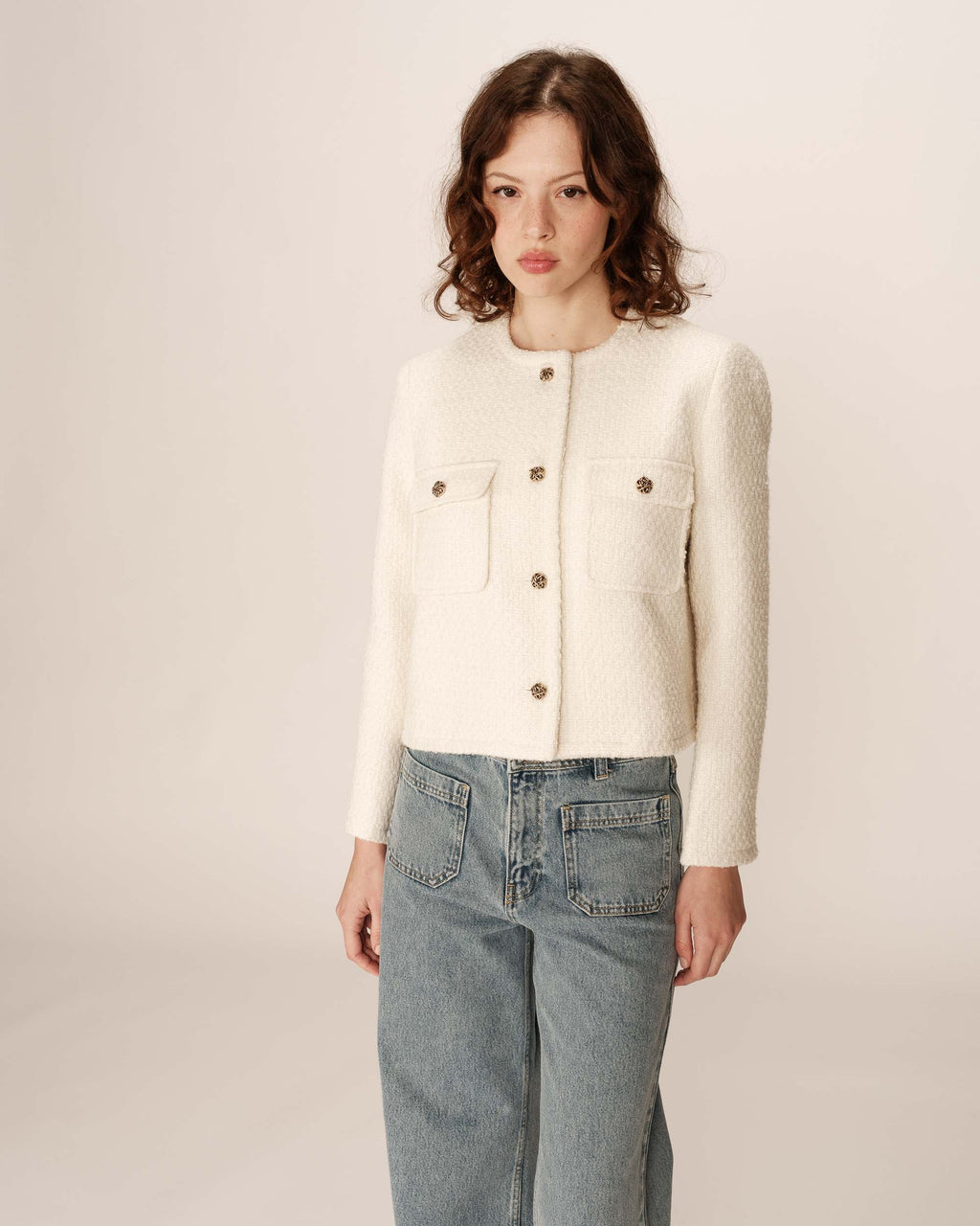Short Collarless Jacket Ecru Prune