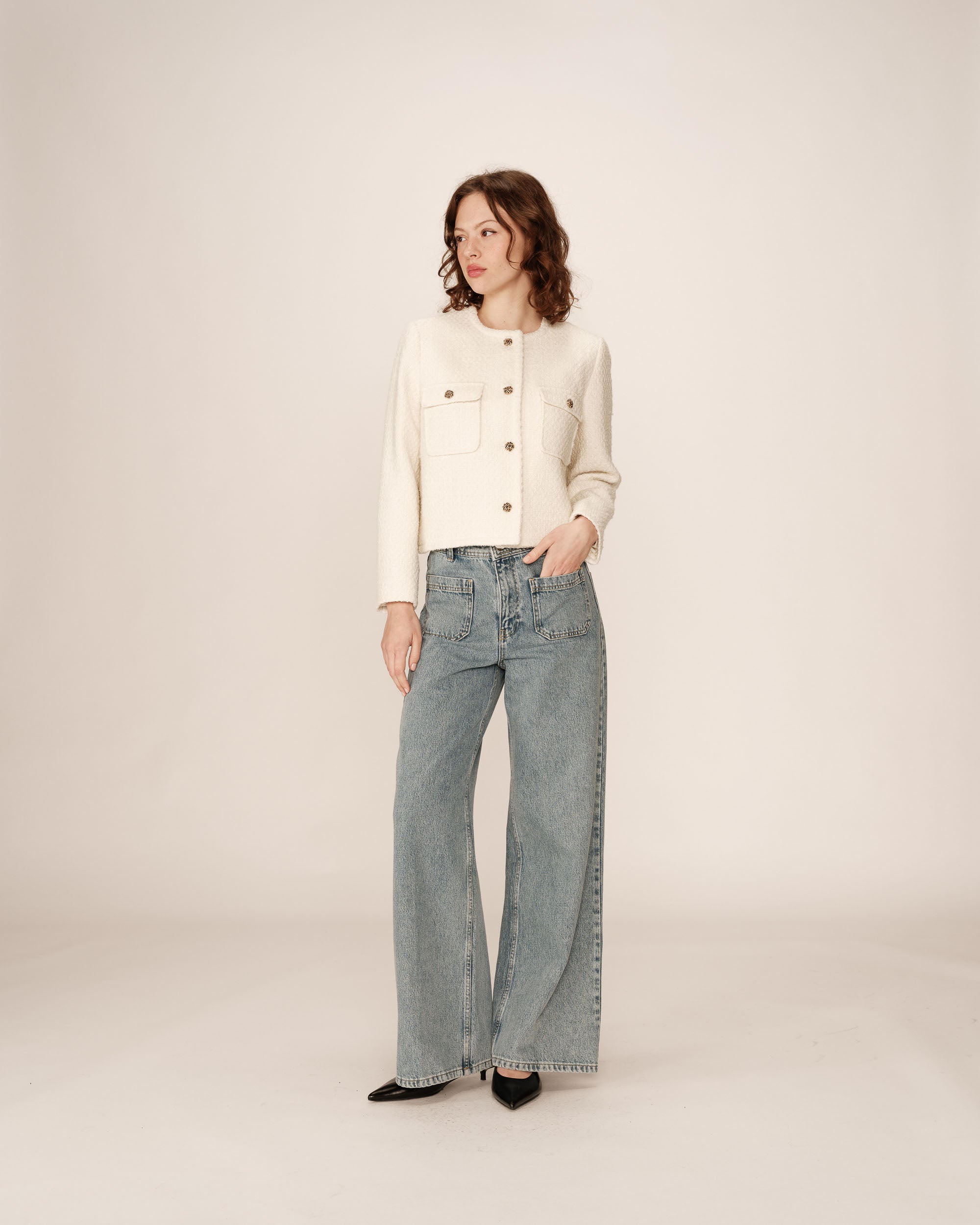Short Collarless Jacket Ecru Prune