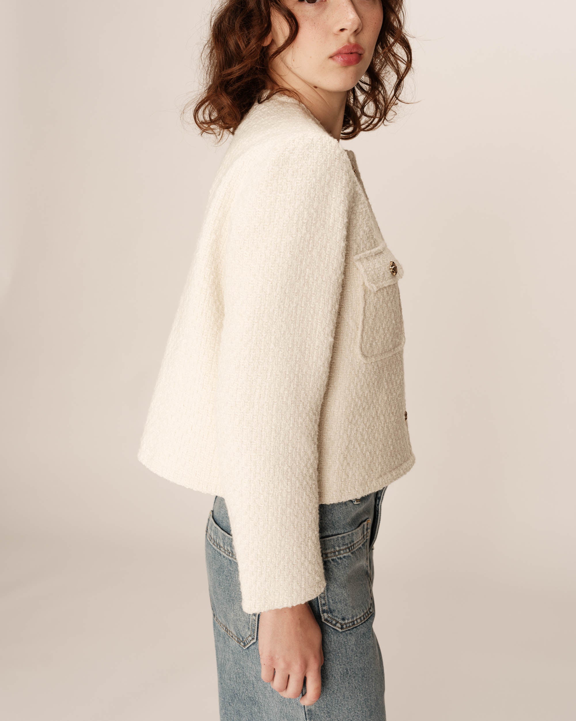 Short Collarless Jacket Ecru Prune