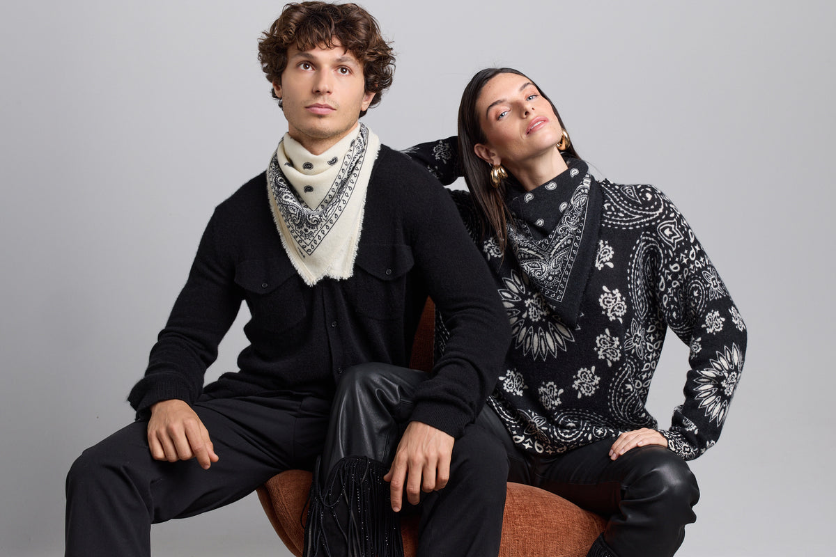 Pullover Bandana Presley - Noir Blanc - Femme - 100% Cachemire