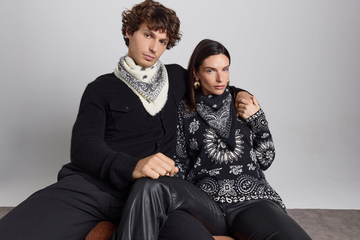 Pullover Bandana Presley - Noir Blanc - Femme - 100% Cachemire