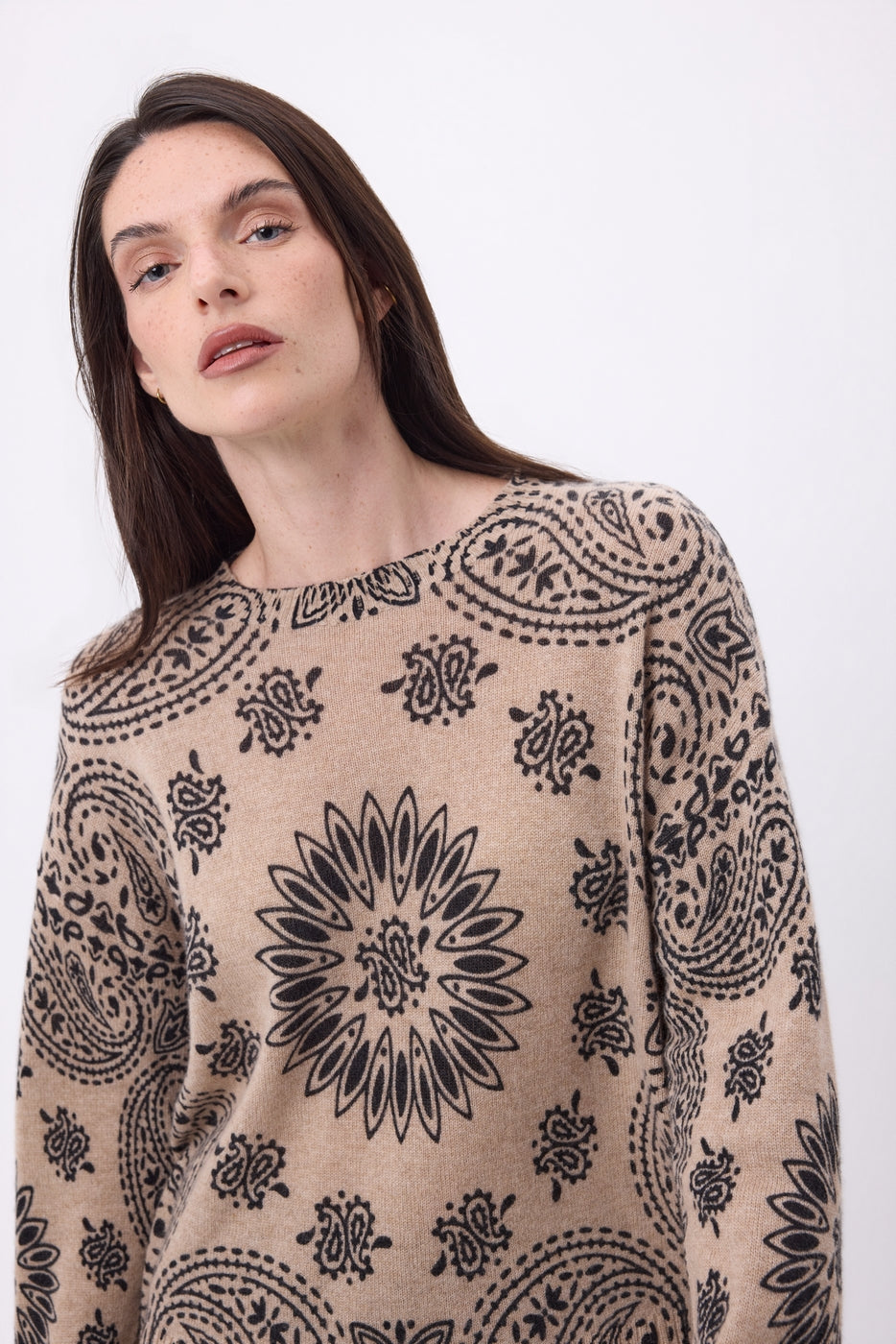 Maglione girocollo stampa bandana Presley - Beige crema stampa nera - Donna - 100% cashmere