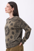 Pull Col Rond Print Bandana Presley - Khaki Chine Imprime Noir - Femme - 100% Cachemire