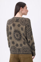 Pull Col Rond Print Bandana Presley - Khaki Chine Imprime Noir - Femme - 100% Cachemire