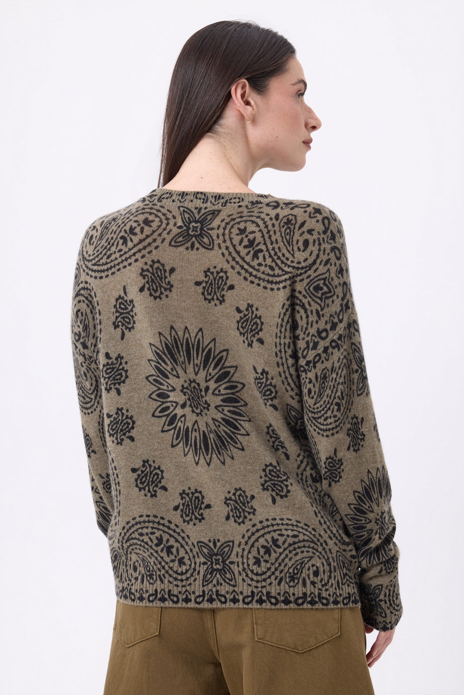 Pull Col Rond Print Bandana Presley - Khaki Chine Imprime Noir - Femme - 100% Cachemire