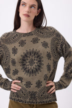 Pull Col Rond Print Bandana Presley - Khaki Chine Imprime Noir - Femme - 100% Cachemire