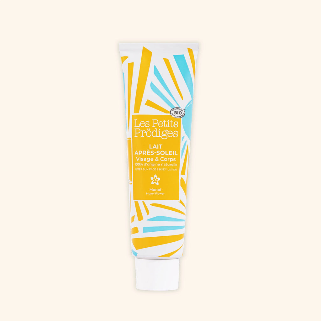 After-sun milk for face and body, soothing moisturizer, organic monoi fragrance