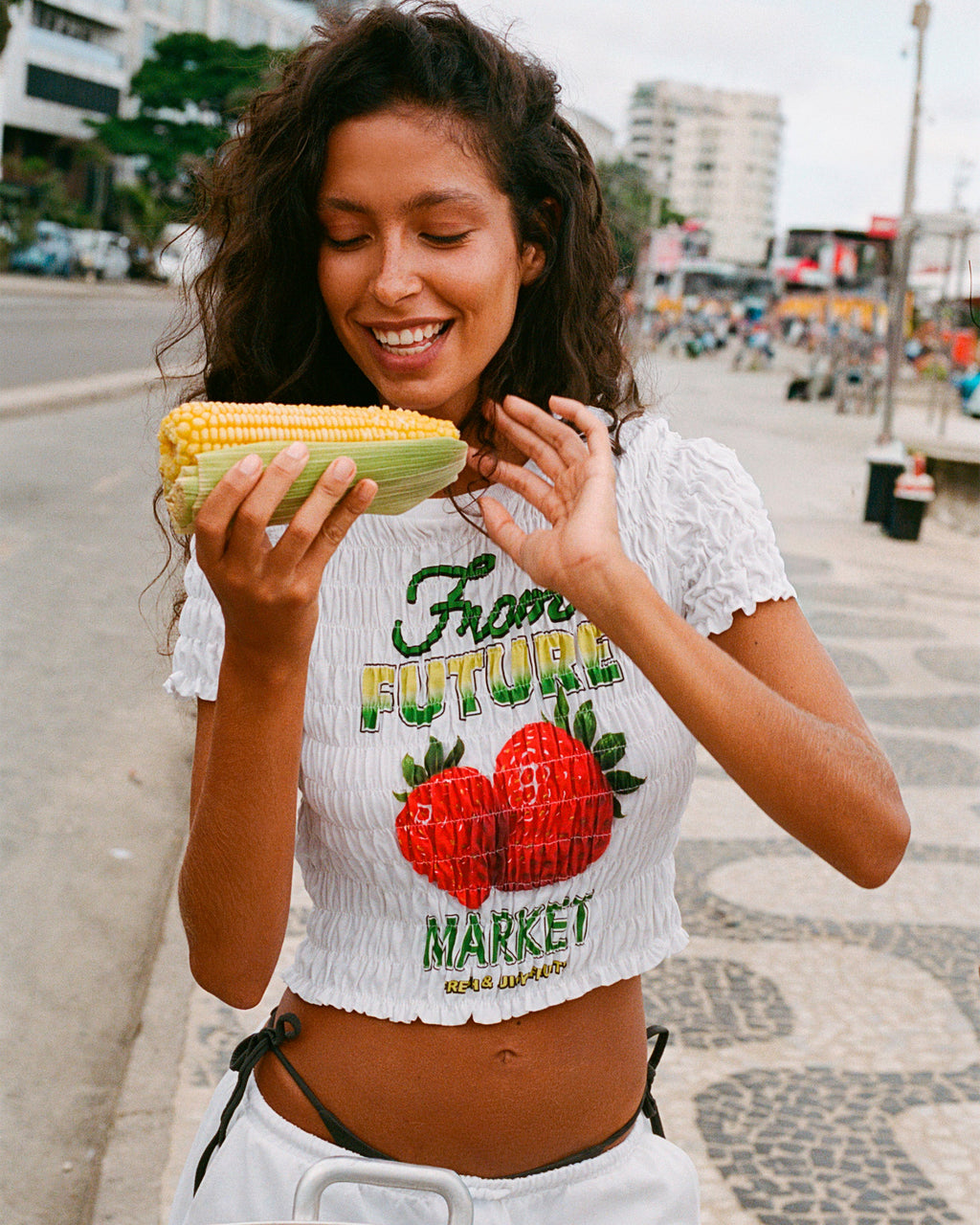 “Market” Printed Smocked Crop T-Shirt