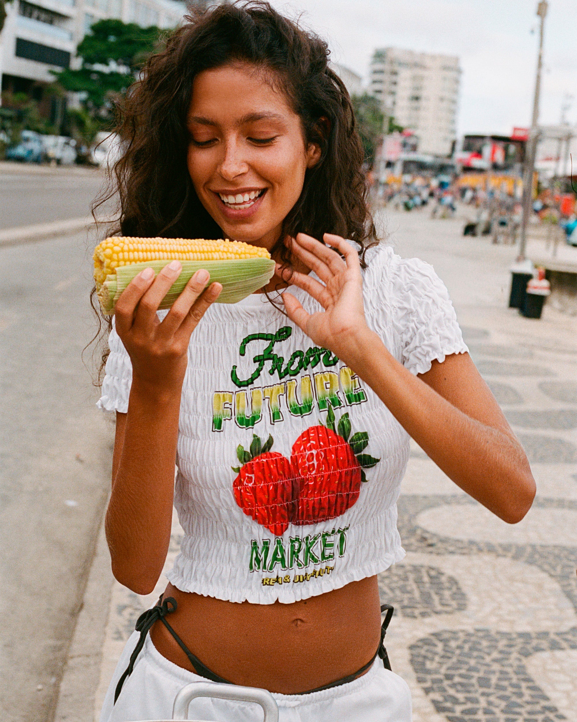 “Market” Printed Smocked Crop T-Shirt