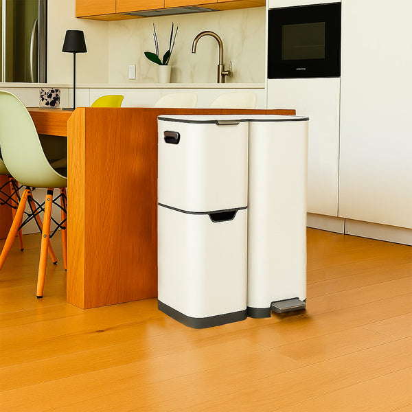 Papelera de cocina con pedal clasificación reciclaje 60L (13+17+30L) HAJA en acero inoxidable blanco con cubo
