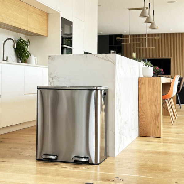 Papelera de cocina con pedal de clasificación selectiva MAJOR de acero inoxidable de gran capacidad 60L (2x30L)
