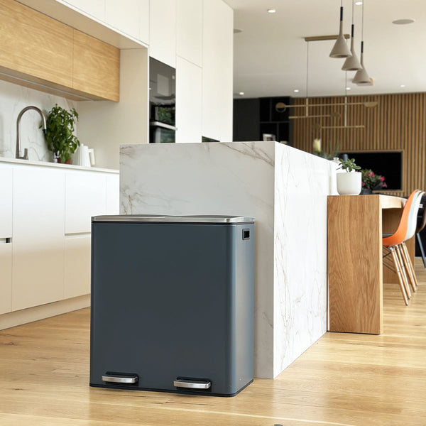Papelera de cocina con pedal de clasificación selectiva MAJOR de gran capacidad 60L (2x30L) en acero inoxidable Gris Mate