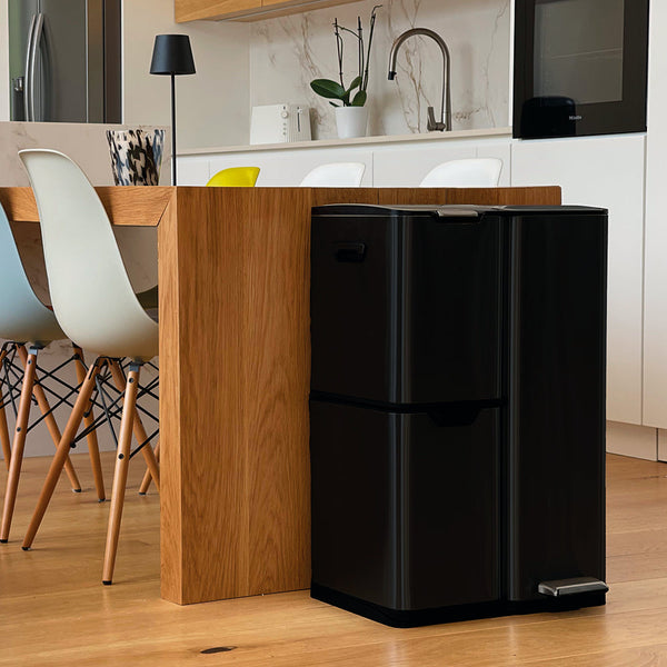 Cubo de basura de cocina con pedal clasificación reciclaje 60L (13+17+30L) HAJA en acero inoxidable negro con cubo