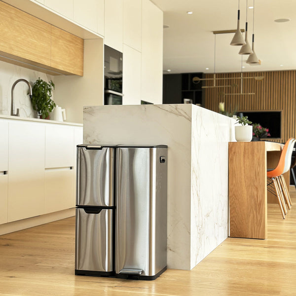 Cubo de basura de cocina con pedal clasificación reciclaje 60L (13+17+30L) HAJA en acero inoxidable con cubo