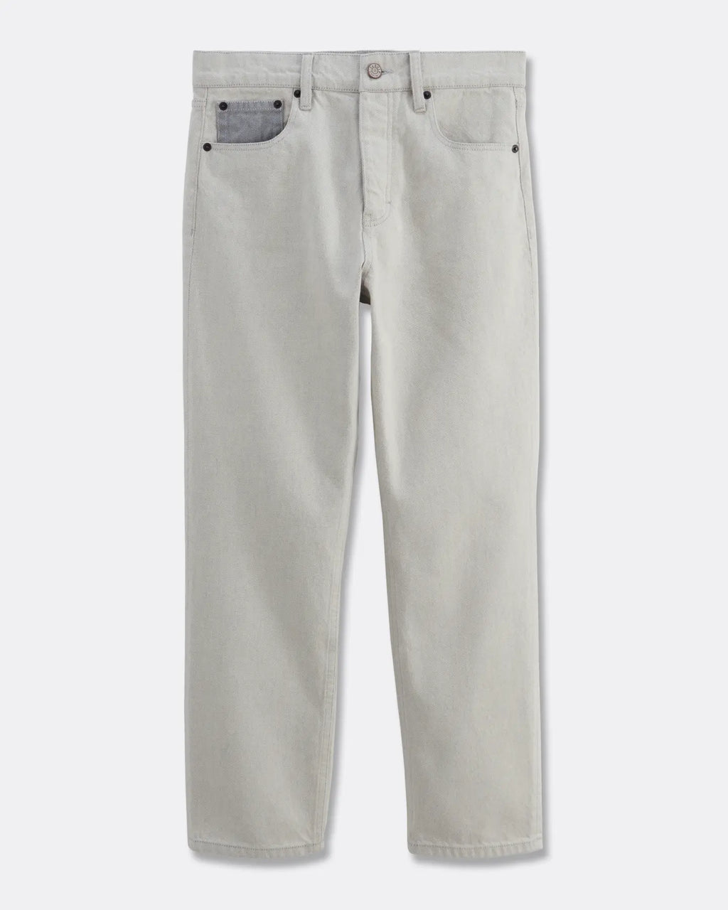 Jean droit en denim non teinté de couleur granit clair, 100% coton, coupe adaptée à toutes les morphologies féminines pour un confort optimal.