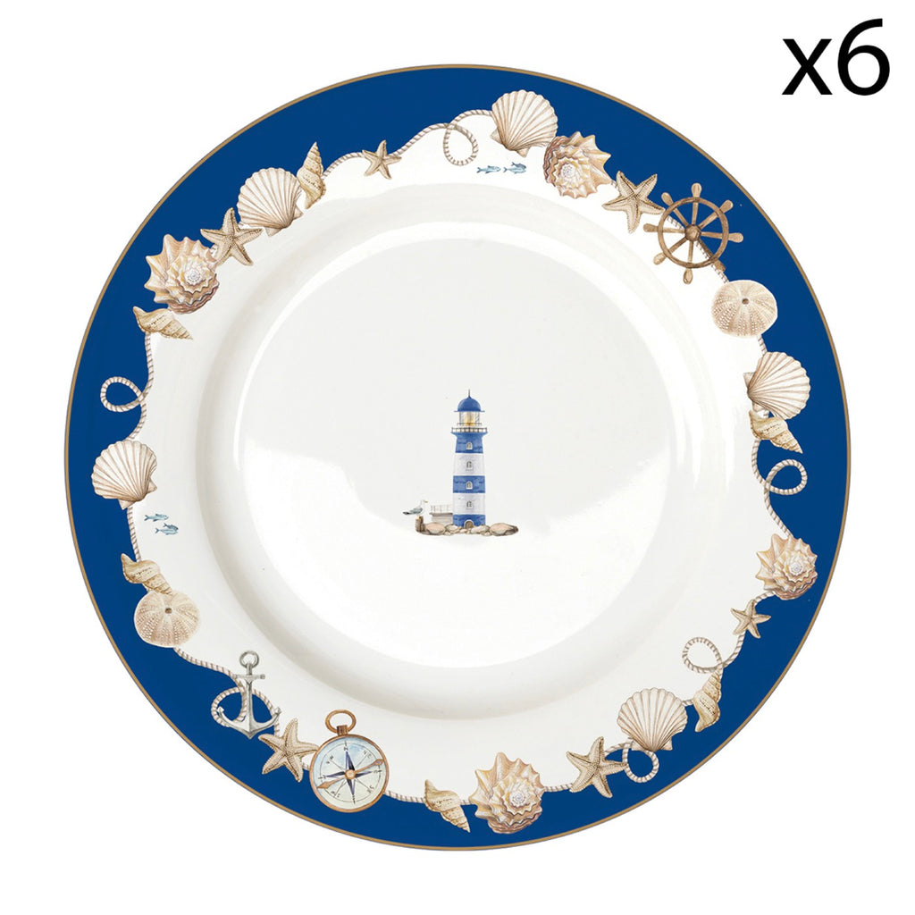 Blue Lighthouse - Set De 6 Assiettes Plates - Porcelaine - Multicolore
