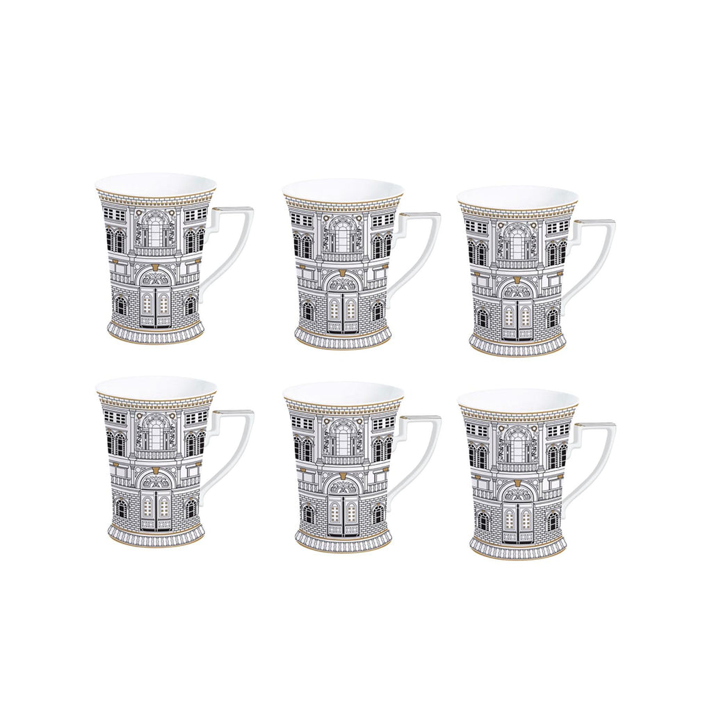 Palazzo - Set of 6 Mugs - Porcelain - White, Black and Gold