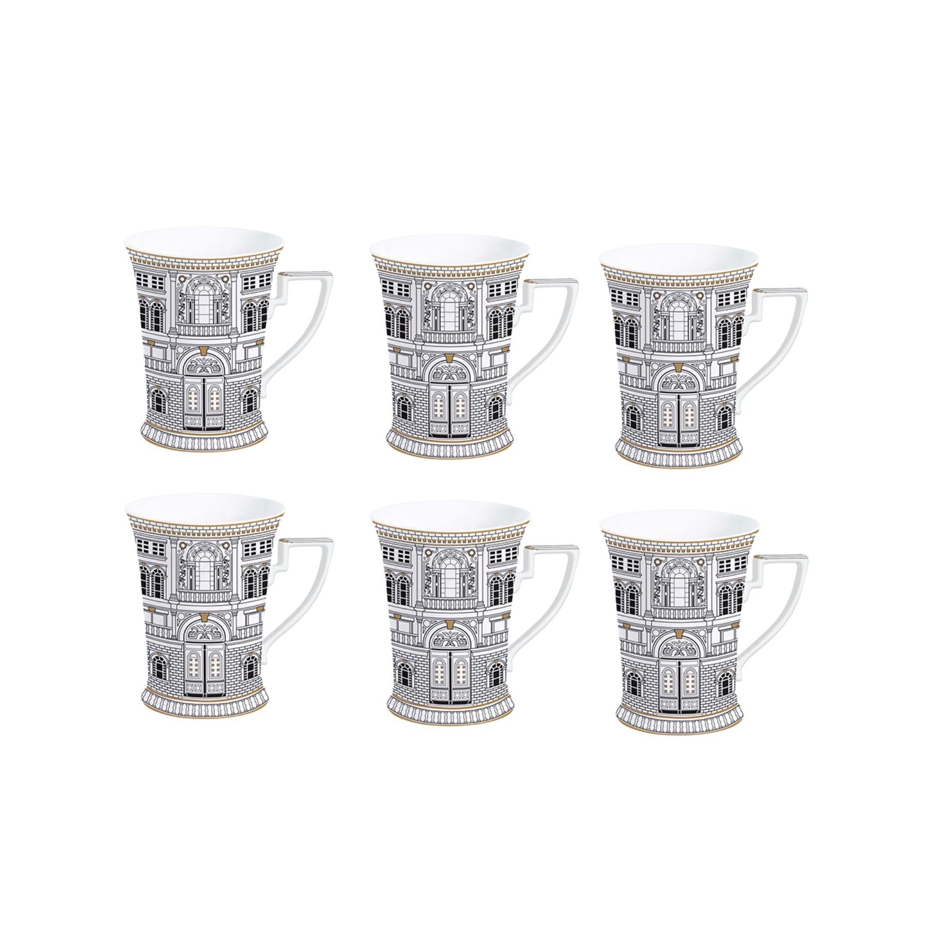 Palazzo - Set of 6 Mugs - Porcelain - White, Black and Gold