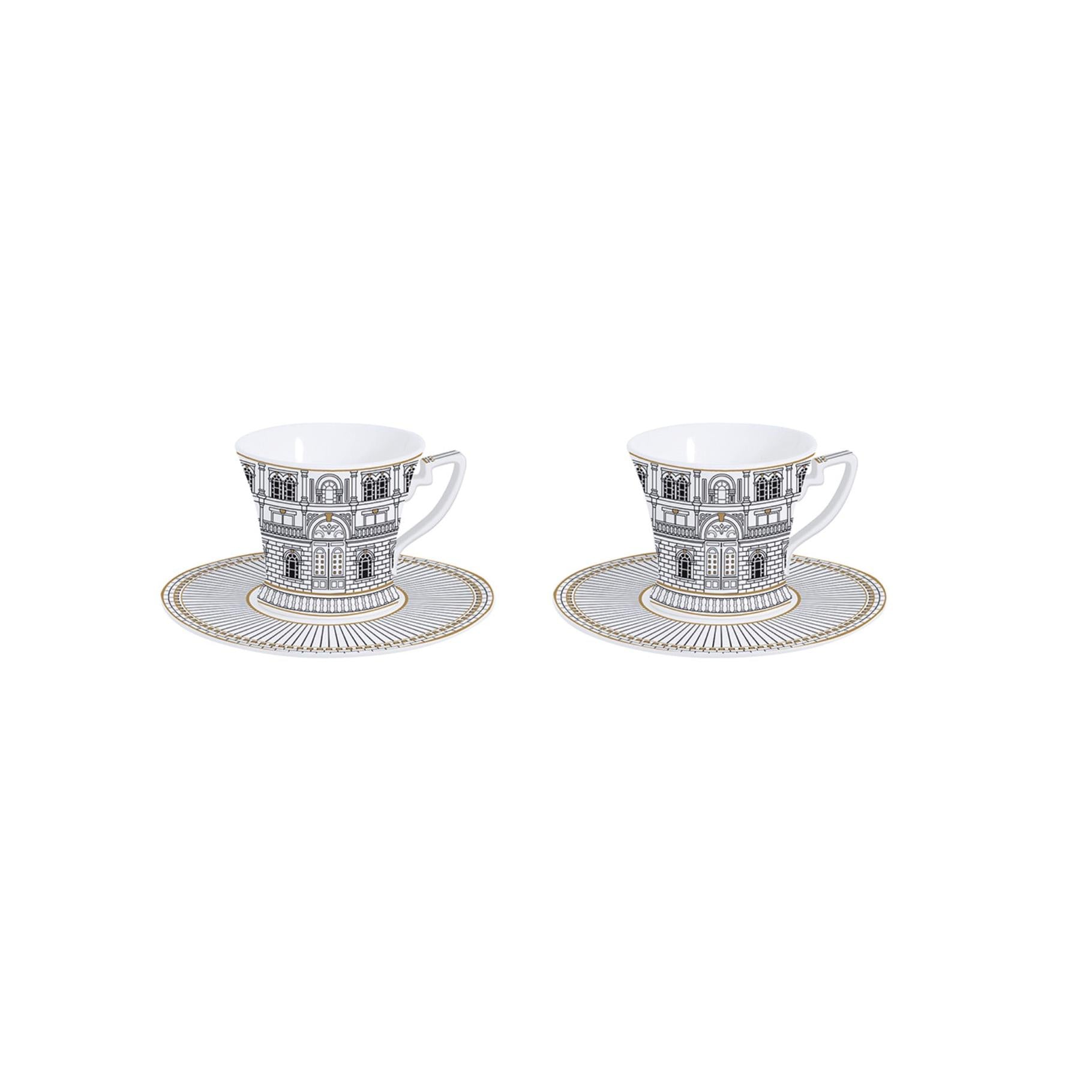 Palazzo - Set Of 2 Coffee Cups With Saucers - Porcelain - White, Black And Gold