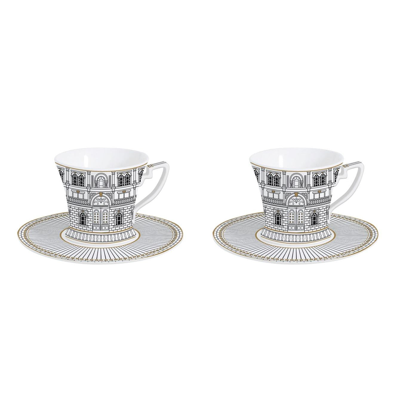 Palazzo - Set Of 2 Coffee Cups With Saucers - Porcelain - White, Black And Gold