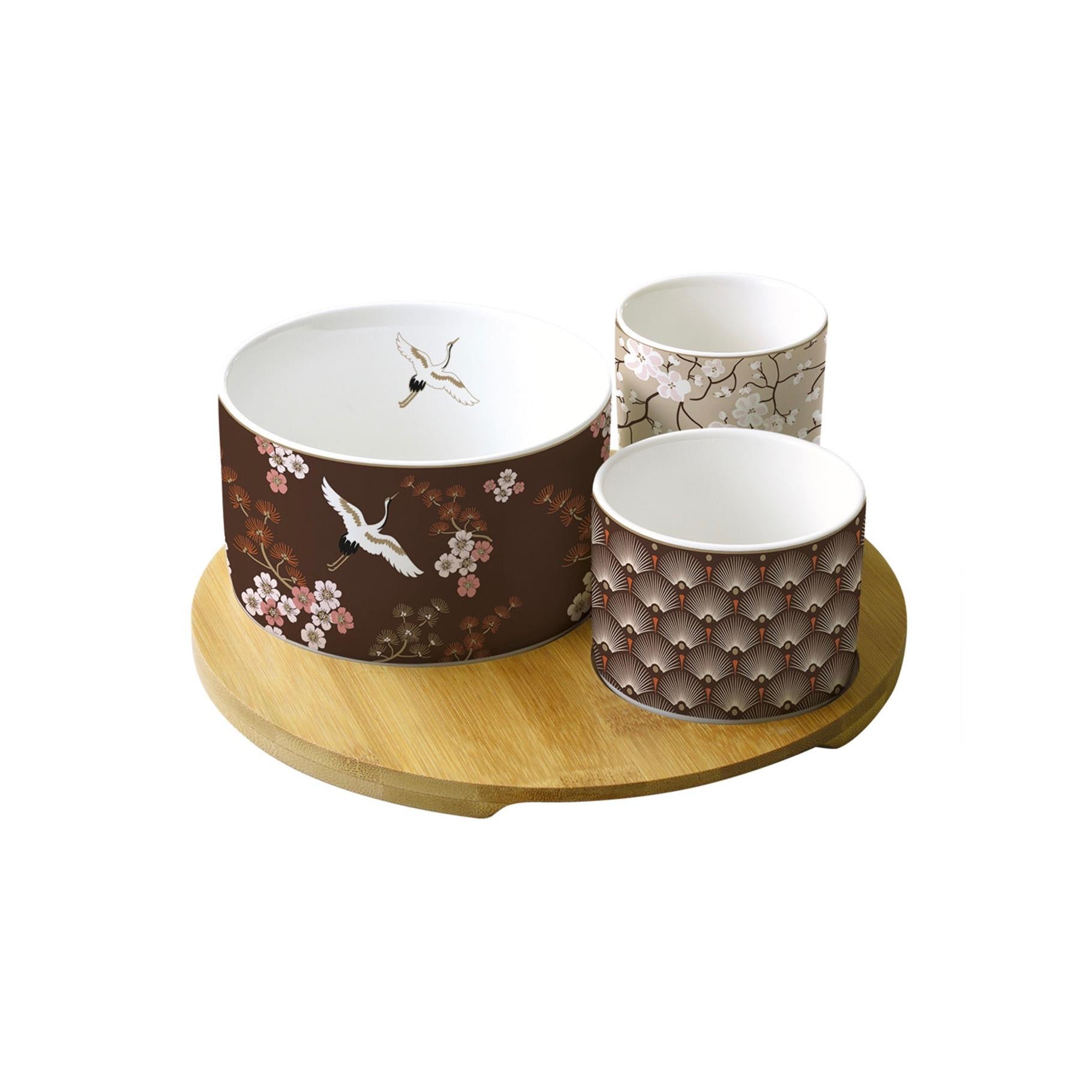 Oriental - Round Bamboo Aperitif Set With 3 Bowls - Porcelain And Bamboo - Multicolour