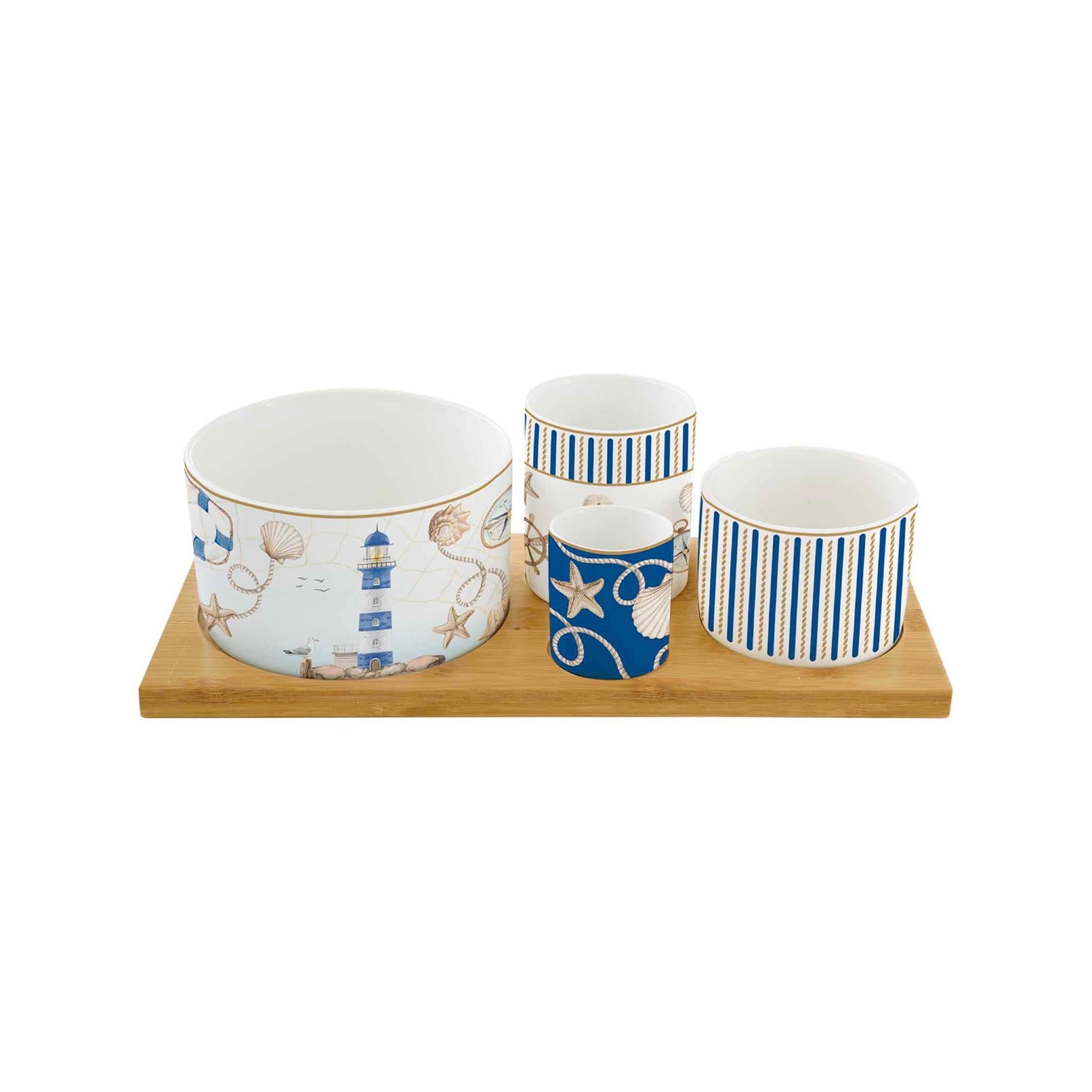 Blue Lighthouse - Bamboo Aperitif Set With 4 Bowls - Porcelain And Bamboo - Multicolour