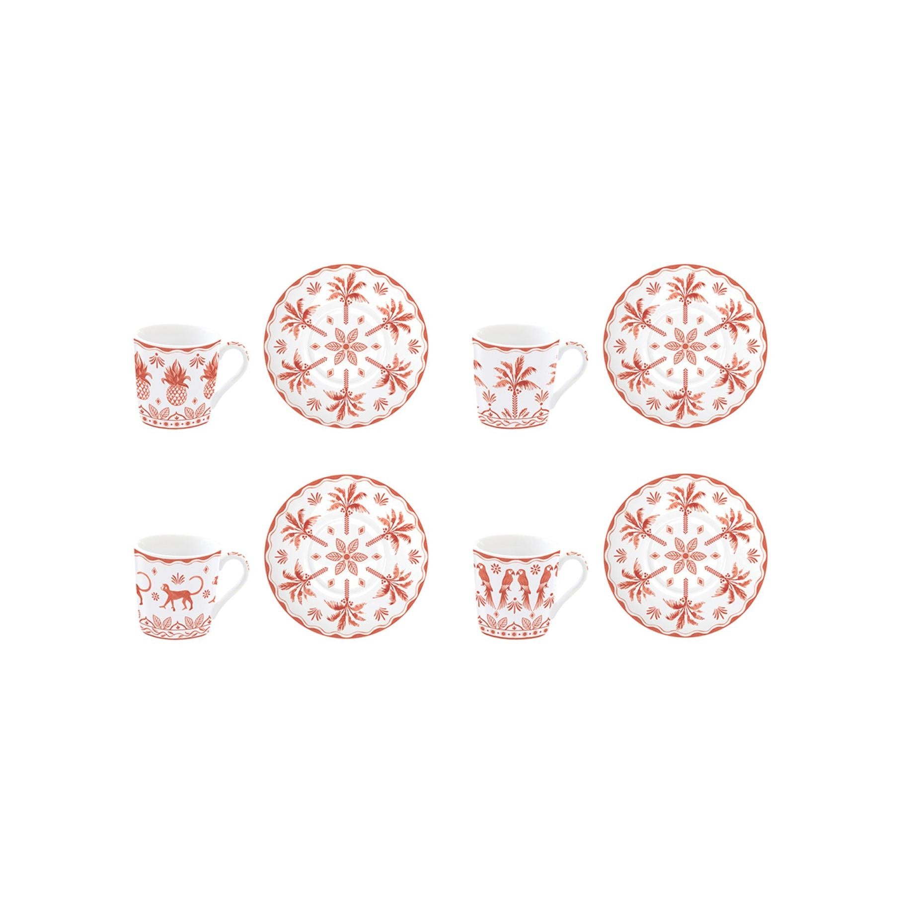 Exotic Vibes - Set De 4 Tazas De Café Con Platillos - Porcelana - Multicolor