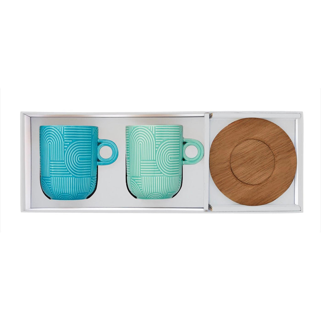 Take A Loop 1 - Set De 2 Mugs Con Platillos - Porcelana Y Acacia - Multicolor