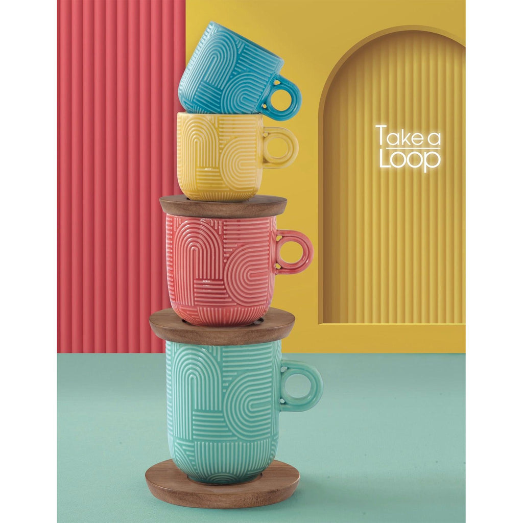 Take A Loop 2 - Set Of 2 Mugs With Saucers - Porcelain And Acacia - Multicolour