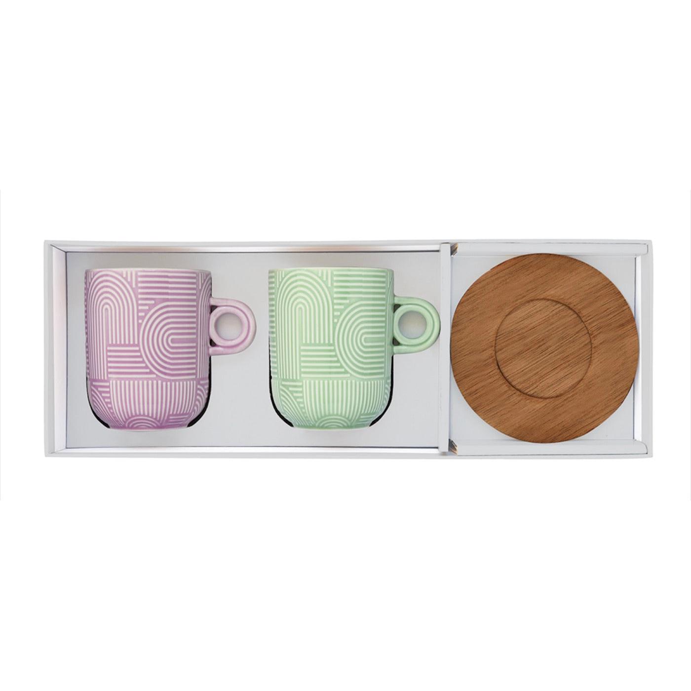 Take A Loop 3 - Set De 2 Mugs Con Platillos - Porcelana Y Acacia - Multicolor