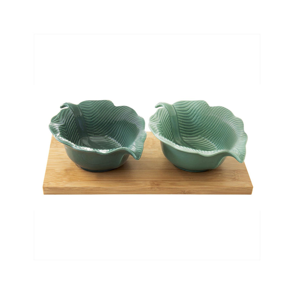 Madagascar - Aperitif Set Bamboo Tray and 2 Leaf Bowls - Porcelain and Bamboo - Multicolour