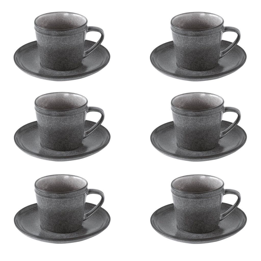 Essential - Set De 6 Tasses Avec Soucoupes - Grès - Gris Foncé