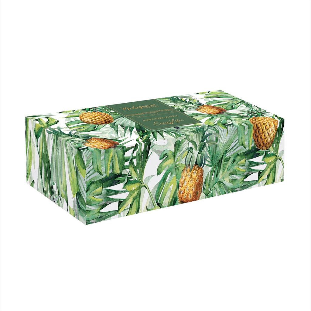 Madagascar - Set Apéritif Plateau Bambou Et 3 Coupelles Ananas - Porcelaine Et Bambou - Blanc