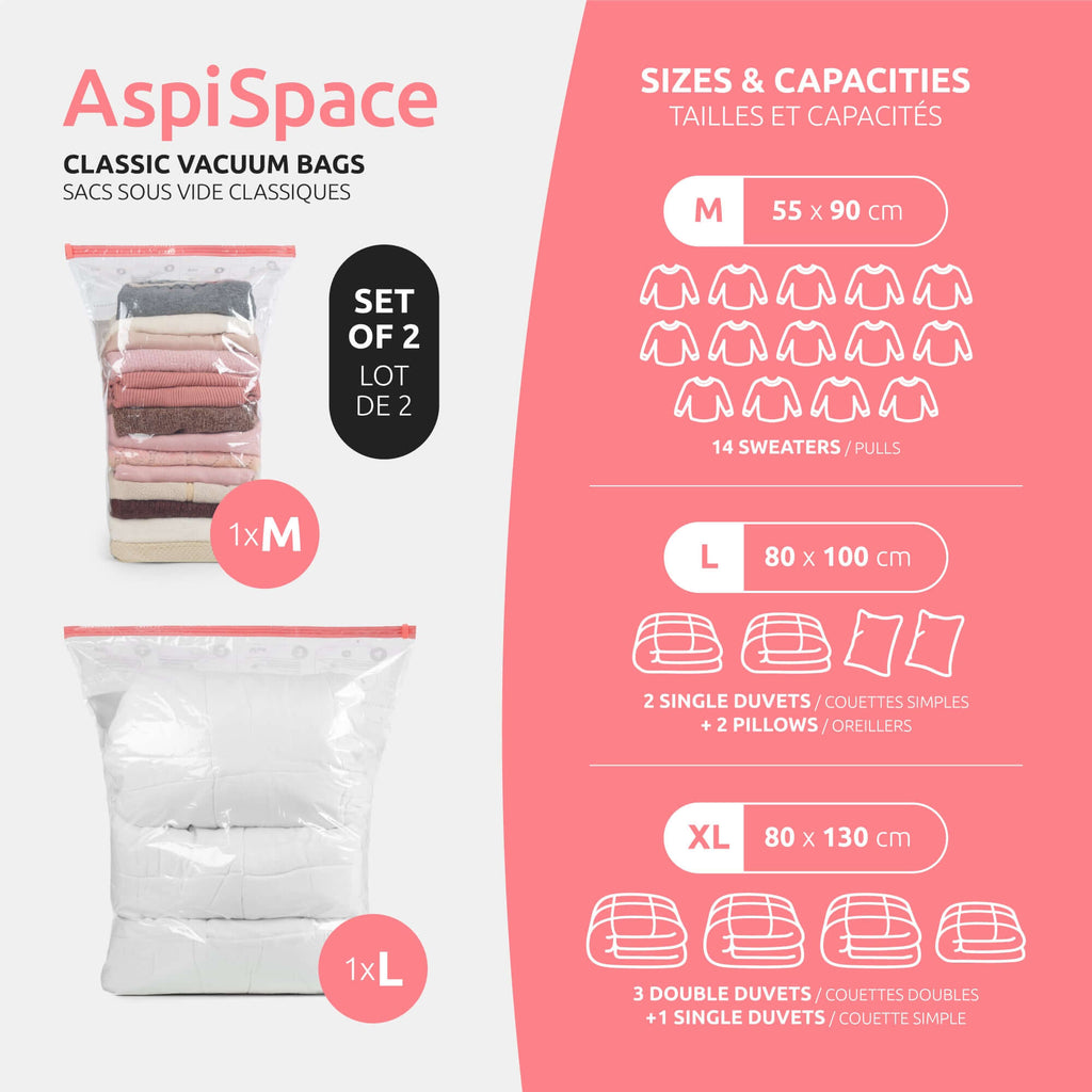 Lot 2 Sacs Rangement Sous Vide Aspispace - Tailles M+L