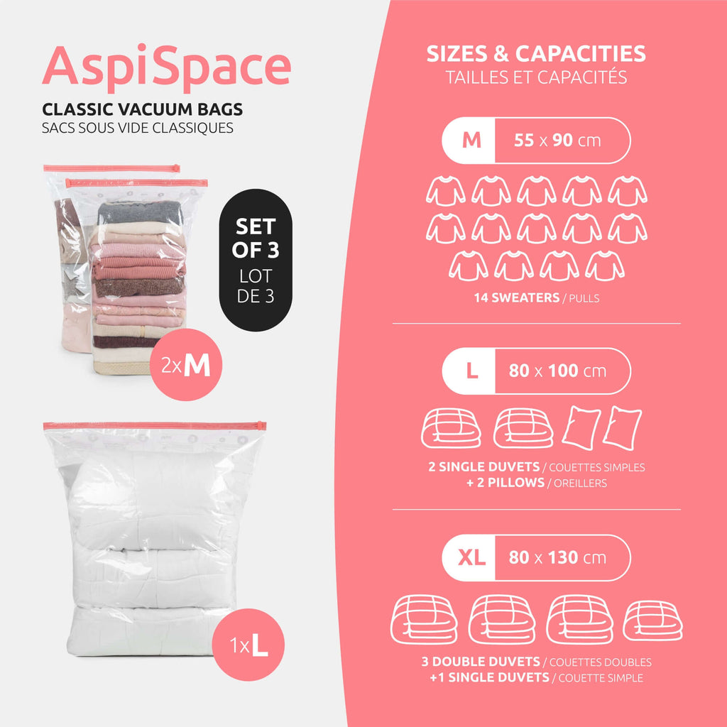 Lot 3 Sacs Rangement Sous Vide Aspispace - Tailles M+L
