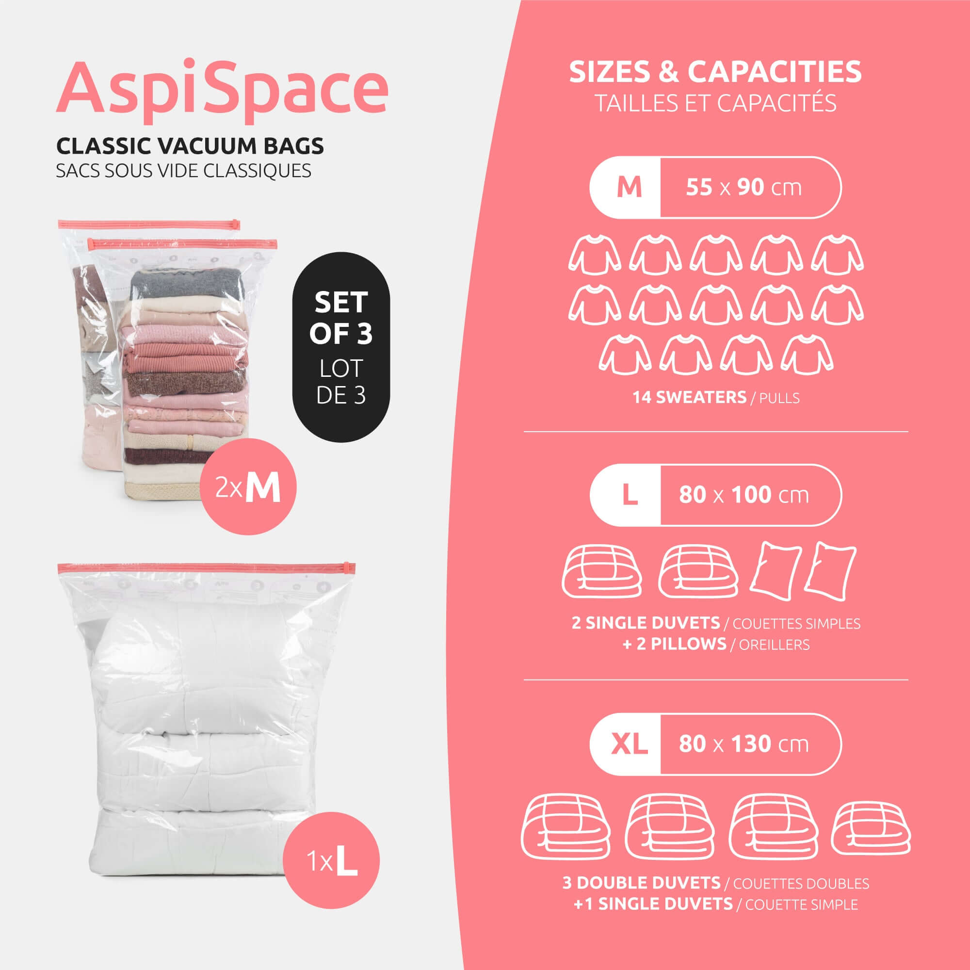 Lot 3 Sacs Rangement Sous Vide Aspispace - Tailles M+L