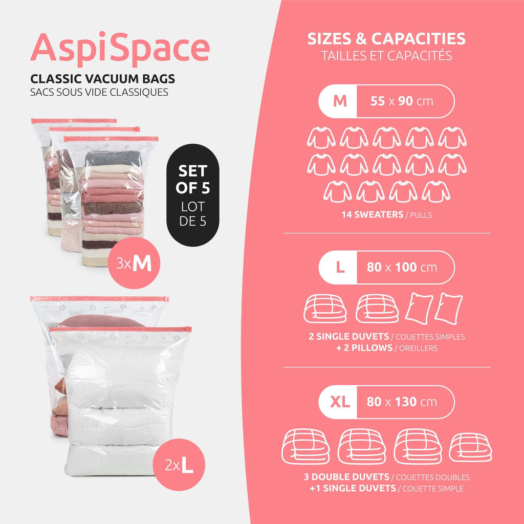 Set of 5 Aspispace Vacuum Storage Bags - Sizes M+L