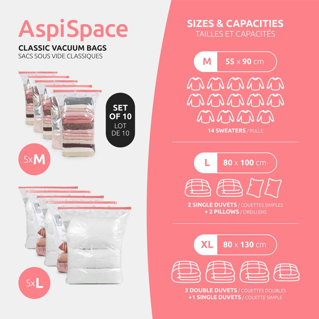 Lot De 10 Sacs De Rangement Sous Vide Aspispace - Tailles M+L