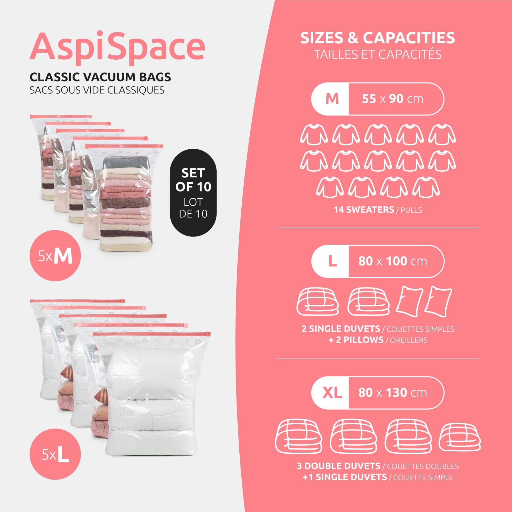 Lot De 10 Sacs De Rangement Sous Vide Aspispace - Tailles M+L