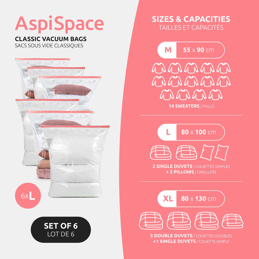 Set van 6 vacuüm opbergzakken Aspispace - 2 maten
