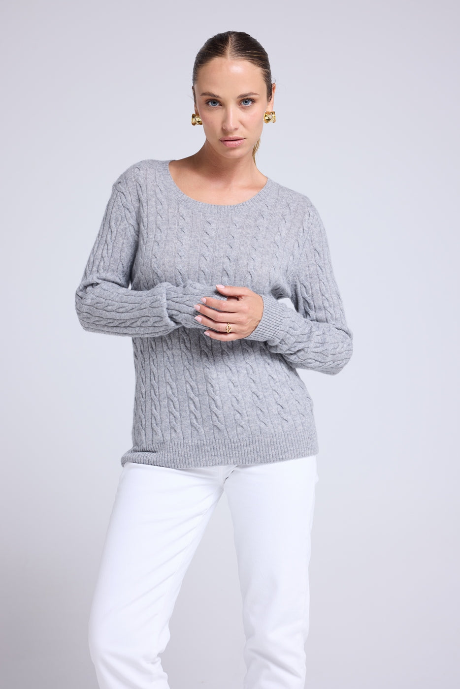 Jersey de cuello redondo trenzado Raphaelle - Gris - Mujer