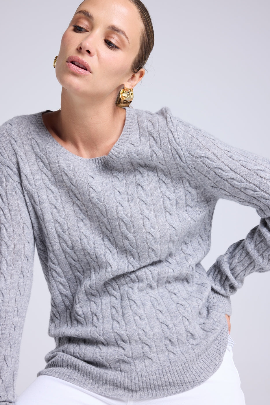 Jersey de cuello redondo trenzado Raphaelle - Gris - Mujer