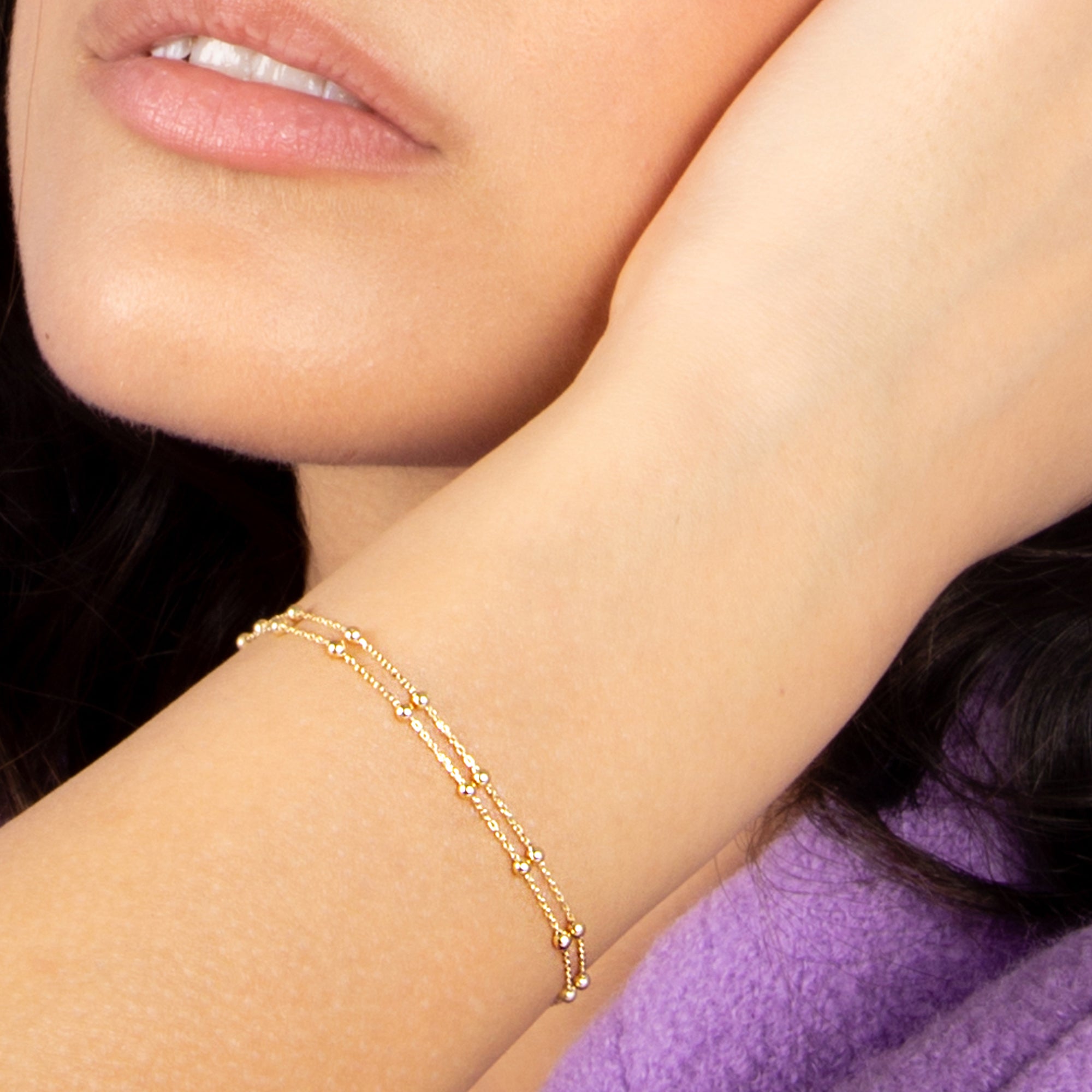 Pulsera Doble Cadena de Bolas en Oro Amarillo 375/1000