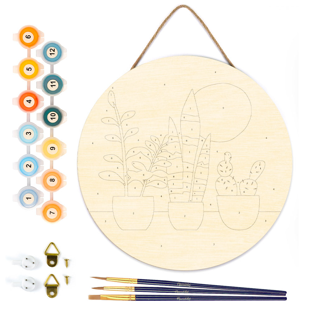 Peinture Par Numéro Sur Disque En Bois - Plantes Grasses
