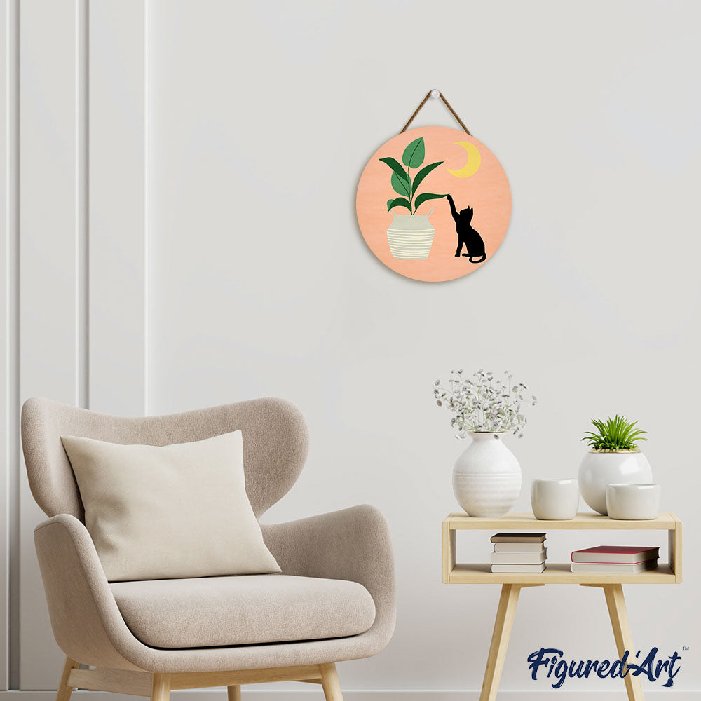 Pintura por números sobre disco de madera - Gatito y planta a la luz de la luna
